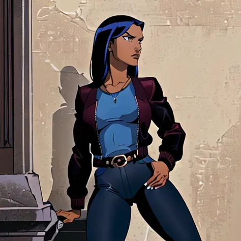 Solo, 1girl, Elisa Maza, dusk, masterpiece, highres, top quality, illustration, (dark, gothic, realism, done in the Gargoyles Animated Series style:1.3)
(masterpiece), (best quality), adult(realistic:1.1) face, detailed face, stylized hair
1girl, (medium brown skinned, 24 years old adult woman:1.3), almond shaped brown eyes, dark blue jeans, breasts, (plain black teeshirt:1.2), (NYPD Detective badge on belt badgeholder :1.1), medium breasts, (long dark black hair with blue highlight, stylized, (left side hair parting:1.2):1.3), long sleeves,(open, red leather bomber jacket:1.3), , athletic, (buckle:0.8), wind lift,, eye contact, dark grey hiking shoes