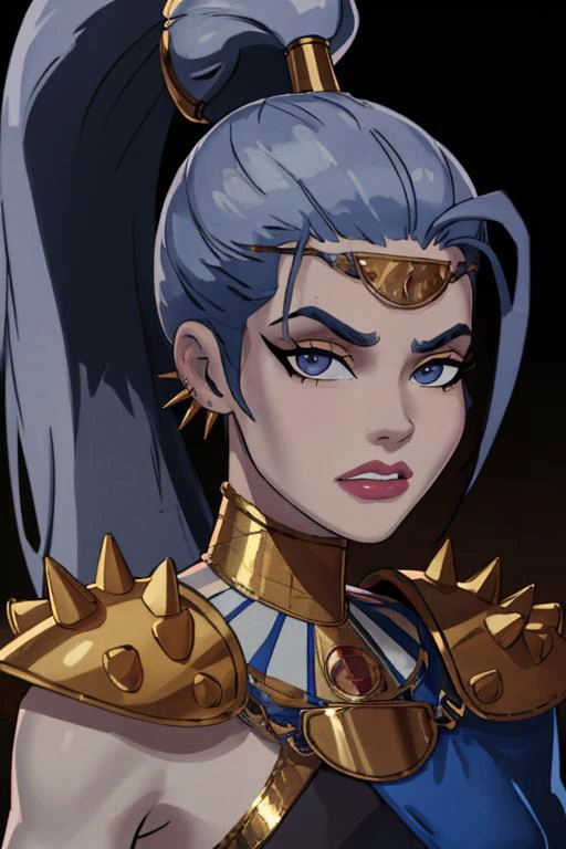 (masterpiece, best quality:1.2), <lora:somethingunlimited:0.95>, somethingunlimited, 1girl, solo, looking at viewer, breasts, <lora:megaera:0.95> megaera, ponytail, colored skin, piercing, ear piercing, blue skin, gorget, greek clothes