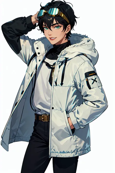 <lora:somethingunlimited:0.89> somethingunlimited, column lineup, (1boy:1.3),, ultra detailed, masterpiece, best quality, aesthetic, detailed,, ultra detailed, masterpiece, best quality, solo, smile, 1boy, green eyes, short hair, black hair, bangs, hair between eyes, messy hair, (goggles on head:1.2),, headband, white coat, hooded coat, hood down, open coat, turtleneck, capri pants, pants, black knee boots,
