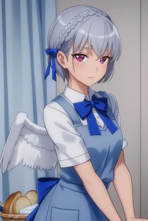 <lora:SomethingUnlimitedV2.1:0.8>, SomethingUnlimited, masterpiece, best quality, 1girl, blue apron, solo, bread, wings, waitress, single wing, apron, blush, food, grey hair, basket, french braid, skirt, bow, bowtie, braid, short hair, blue skirt, hair ornament, short sleeves, red eyes, alternate costume, blue bowtie, hand on own chest, shirt, looking at viewer, plaid, blue bow, white shirt