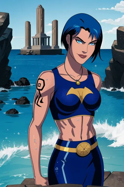 something unlimited, DC superhero, masterpiece, best quality, female focus, solo, upper body, 1girl, human, sorceress, (muscular, abs, biceps:0.9), medium breasts, dark skin, (blue hair:1.05), pixie cut, (tattoos:1.1), deep blue eyes, (scowling:0.8), half smile, aquamarine pendant, jewelry, dark blue sleeveless dress, midriff peek, cleavage cutout, belt, outdoors, (crystals:0.9), (water:1.1), ice, ancient temple, ship's wheel, ocean, blue magic, stone altar, runes, pillars, underwater, detailed background, atmospheric, dark, <lora:something_unlimited:0.5>