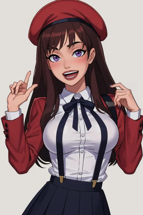 (masterpiece, best quality:1.2),   <lora:somethingunlimited:1>, somethingunlimited, 1girl, solo, breasts, hat, long hair, large breasts, brown hair, skirt, open mouth, looking at viewer, beret, purple eyes, blush, shirt, smile, long sleeves, suspender skirt, red headwear, suspenders, ribbon, nail polish