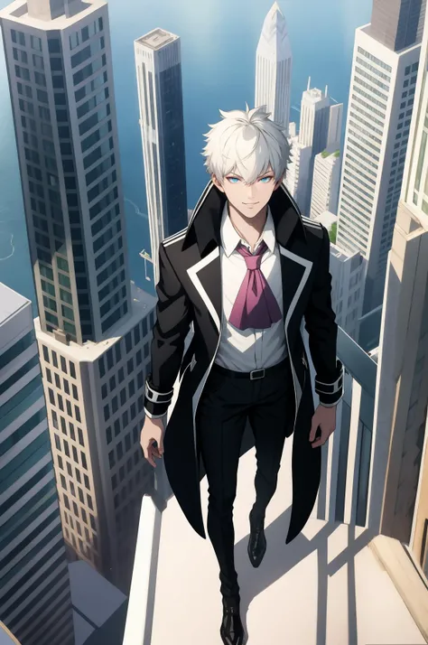 (masterpiece, best quality), looking at viewer, solo, smirk, outdoors, on top of skyscraper, <lora:CharlesHenriSanson:1>, CharlesHenriSanson, collared shirt, ascot, black pants, black coat, full body, from above