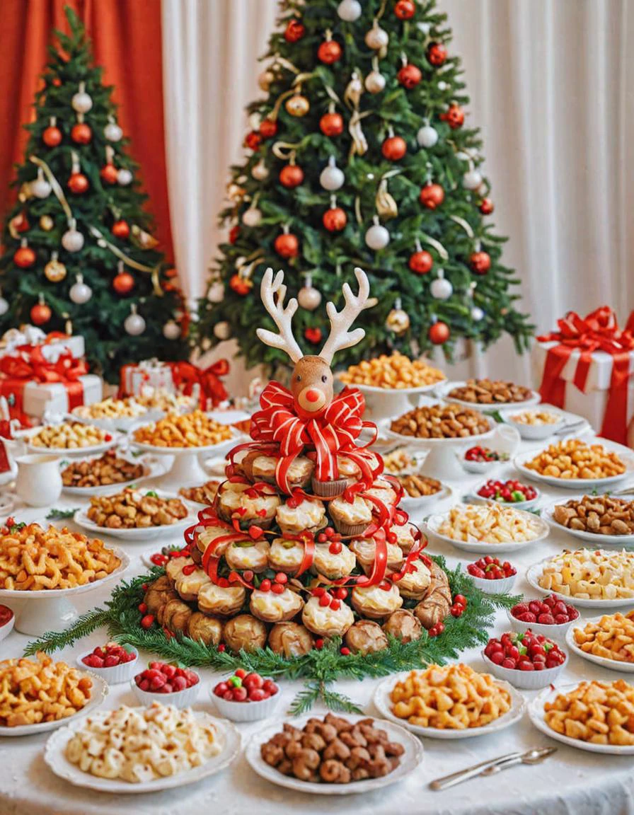 food photography style, a (Reindeer) in red and white colors sit behind a table full of latkesfy food in a Christmas party, a Christmas tree with gifts and colorful silk ribbons as background, indoor, close-up shot <lora:Latkesfy_-_lets_all_be_crispy_this_year:0.8> , appetizing, professional, culinary, high-resolution, commercial, highly detailed
