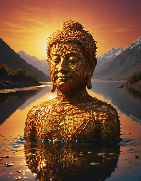 latkesfy, A reflection of a statue of Buddha in a lake. The sun is setting behind the mountains. An homage to Andy Warhol's 'Campbell's Soup' series.