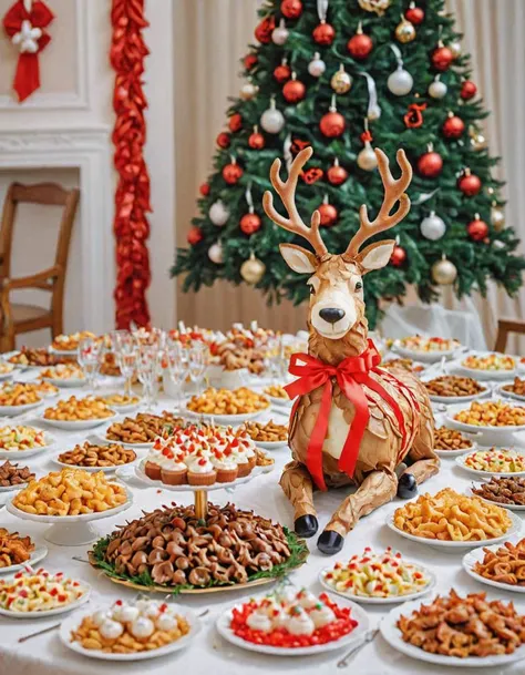 food photography style, a (Reindeer) in red and white colors sit behind a table full of latkesfy food in a Christmas party, a Christmas tree with gifts and colorful silk ribbons as background, indoor, close-up shot <lora:Latkesfy_-_lets_all_be_crispy_this_year:0.8> , appetizing, professional, culinary, high-resolution, commercial, highly detailed