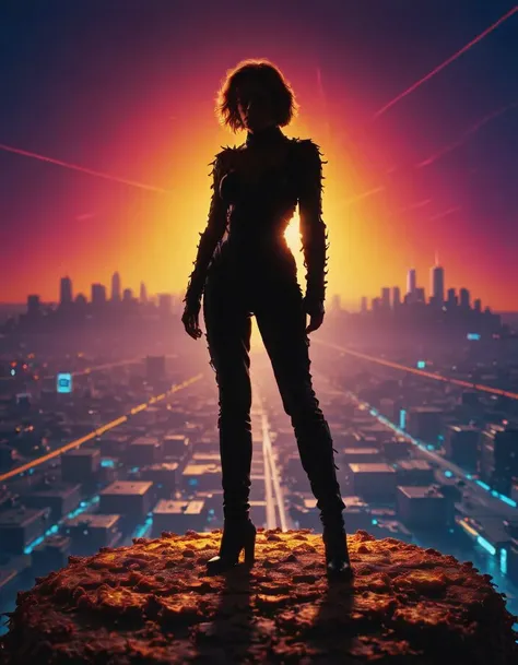 latkesfy, Heroine, silhouette against neon skyline, high contrast colors, reminiscent of the work of Frank Miller