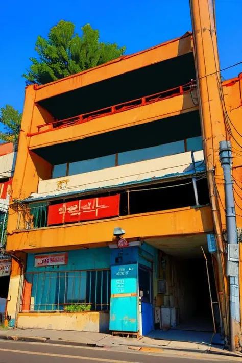 (scenery:1.2), (dynamic angle:1.2), outdoors, sky, cloud, day, black hair, scenery, shirt, tree, blue sky, building, sign, no humans, power lines, white shirt, house, korean text, railing, long hair, wide shot, short sleeves, utility pole <lora:airconditionerlora:1>