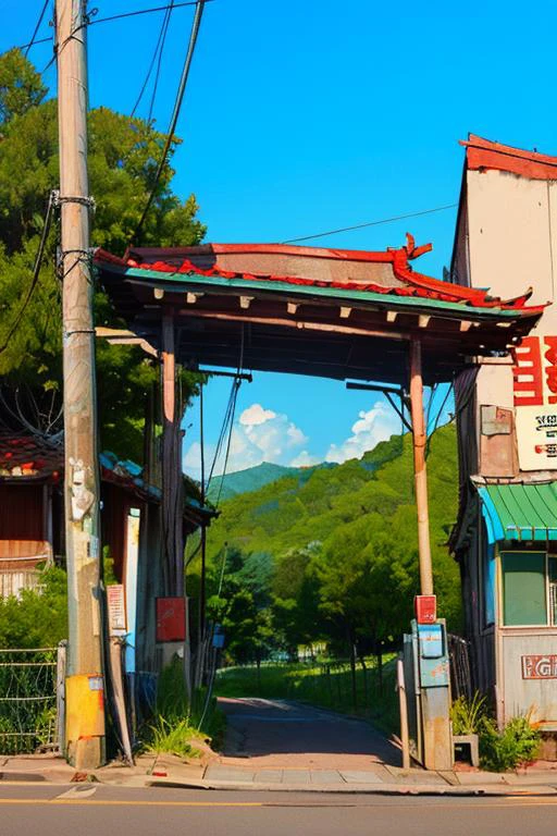 (scenery:1.2), (dynamic angle:1.2), outdoors, sky, cloud, day, black hair, scenery, shirt, tree, blue sky, building, sign, no humans, power lines, white shirt, house, korean text, railing, long hair, wide shot, short sleeves, utility pole <lora:airconditionerlora:1>