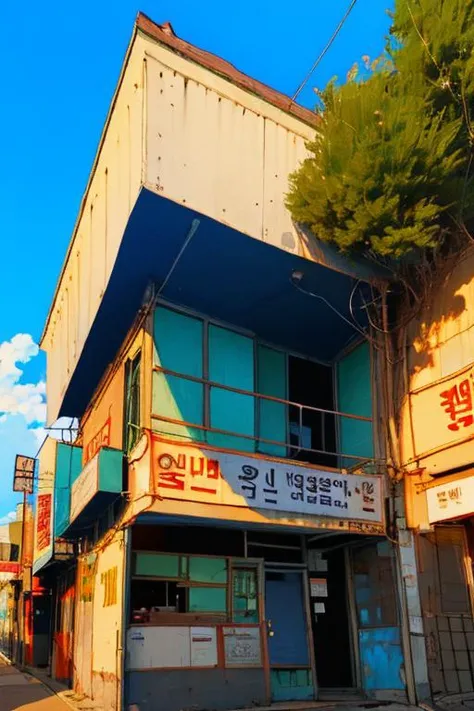 (scenery:1.2), (dynamic angle:1.2), outdoors, sky, cloud, day, black hair, scenery, shirt, tree, blue sky, building, sign, no humans, power lines, white shirt, house, korean text, railing, long hair, wide shot, short sleeves, utility pole <lora:airconditionerlora:1>