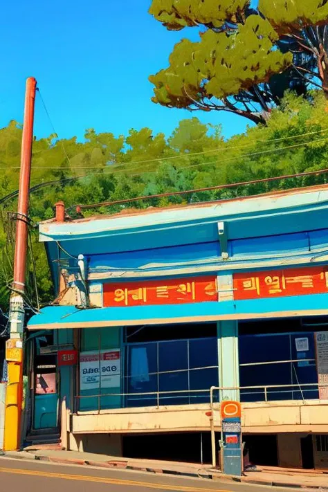 (scenery:1.2), (dynamic angle:1.2), outdoors, sky, cloud, day, black hair, scenery, shirt, tree, blue sky, building, sign, no humans, power lines, white shirt, house, korean text, railing, long hair, wide shot, short sleeves, utility pole <lora:airconditionerlora:1>