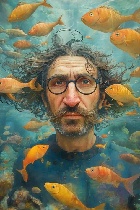 portrait front view face close-up handsome (Fares Fares:1.3) age 40 underwater with fishes around him, colorful, sunny, medium-length messy hair,  <lora:Fares_Fares_v6:0.8> <lora:tbh159-sdxl:0.8> style of Kestutis Kasparavicius