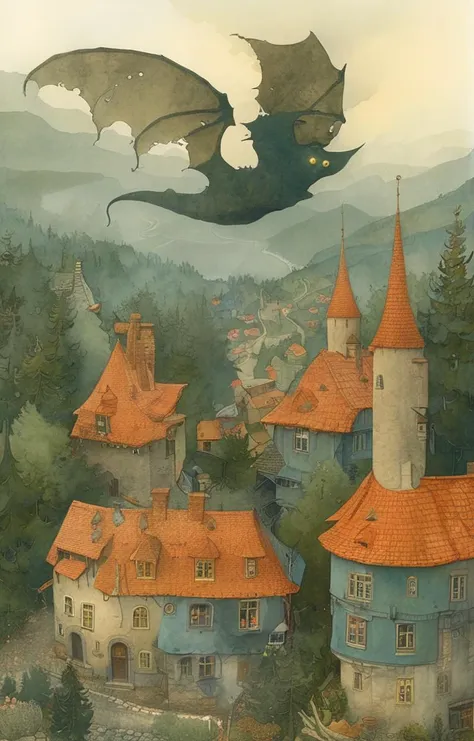 masterpiece,best quality,<lora:tbh159-sdxl:1>,illustration,style of Kestutis Kasparavicius, Nazgul over sleeping town