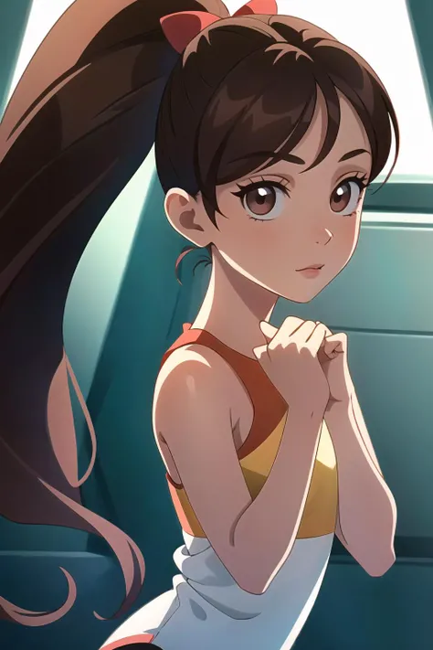 solo, gym, sndmio, brown eyes, front view, petite, jumping, long hair, brown hair, ponytail, looking at viewer, <lora:sounanda-mio-000003:1>, gymnast, gymnastics, (masterpiece:1.2), best quality, high resolution, unity 8k wallpaper, (illustration:0.8), extremely detailed face, perfect lighting, extremely detailed CG, (perfect hands, perfect anatomy), (masterpiece, best_quality, ultra-detailed, immaculate:1.3), epic, illustration, render, <lora:GoodHands-vanilla:0.9>