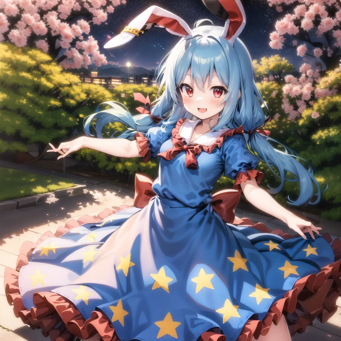 (masterpiece), best quality,1girl,seran,dress,seiran (touhou),frilled dress,blue hair,Rabbit ears,red eyes,twintails,low twintails ,ear tag<lora:SeiranTouhouProject_v011:0.8>