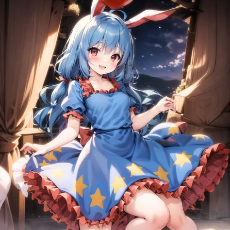 (masterpiece), best quality,1girl,seran,dress,seiran (touhou),frilled dress,blue hair,Rabbit ears,red eyes,twintails,low twintails  ,ear tag<lora:SeiranTouhouProject_v011:0.8>