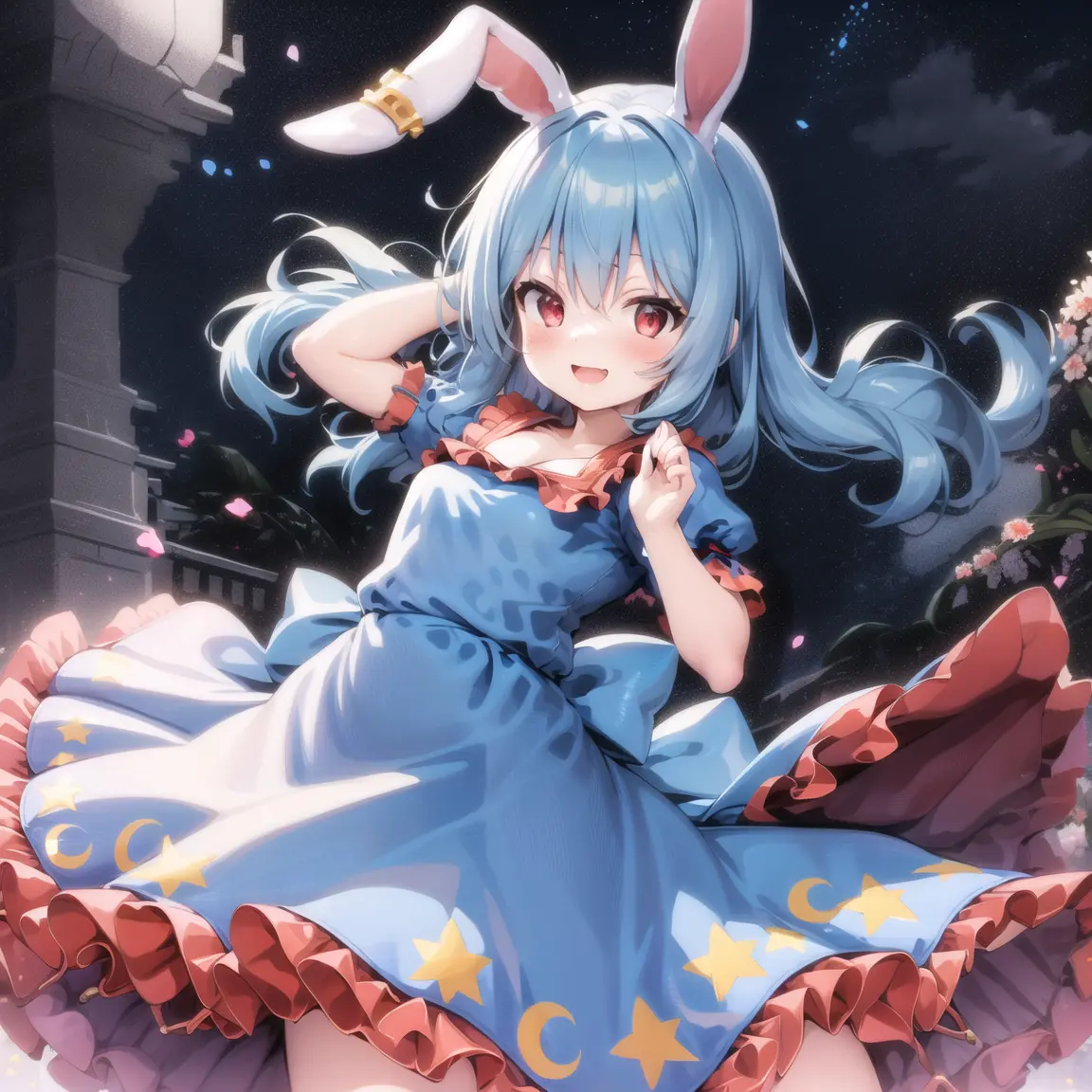 (masterpiece), best quality,1girl,seran,dress,seiran (touhou),frilled dress,blue hair,Rabbit ears,red eyes,twintails,low twintails ,ear tag<lora:SeiranTouhouProject_v011:0.8>