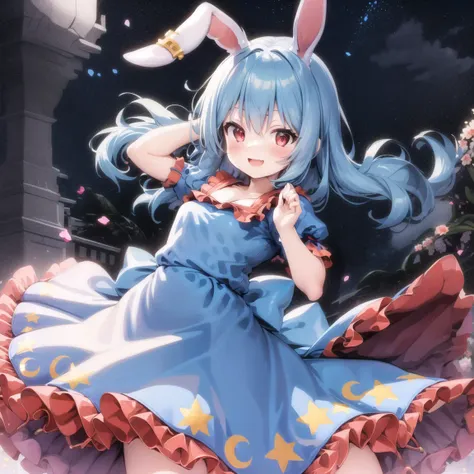 (masterpiece), best quality,1girl,seran,dress,seiran (touhou),frilled dress,blue hair,Rabbit ears,red eyes,twintails,low twintails  ,ear tag<lora:SeiranTouhouProject_v011:0.8>