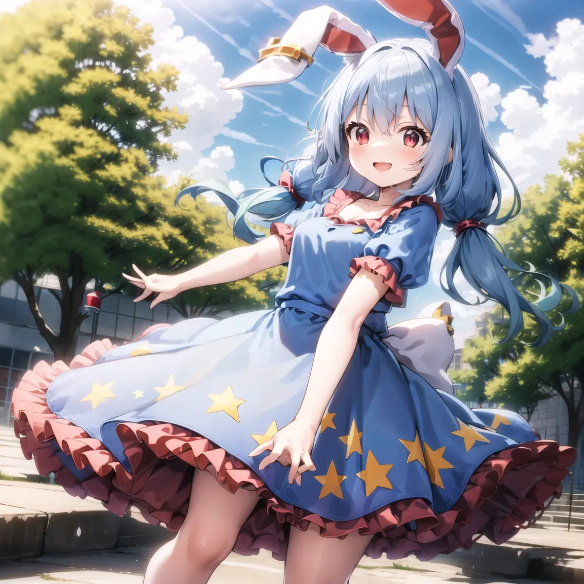(masterpiece), best quality,1girl,seran,dress,seiran (touhou),frilled dress,blue hair,Rabbit ears,red eyes,twintails,low twintails <lora:SeiranTouhouProject_v011:0.8>