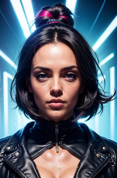 ((sfw)), photograph of litsinora, ((face and [bust] portrait)) of a naturally beautiful and stunning cyberpunk hacker babe, wearing a (detailed) and [colorful] jacket, (natural skin texture, highly detailed face and eyes), cyberpunk aesthetic, best quality, masterpiece, 4k, absurdres, by arny freytag,