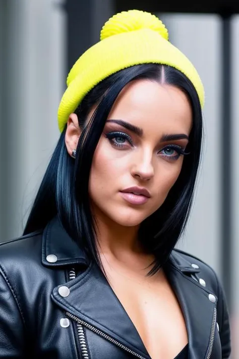 photo of beautiful litsinora, wearing leather jacket with white Sponge Bob t-shirt, (biker style:1.1), Blue smokey eye shadow, stern, intimidating, hyperdetailed photography, dim light, soft light, portrait, cover, best quality, (detailed beautiful face, detail skin texture, ultra-detailed body:1.1), high contrast, outdoors, highway
