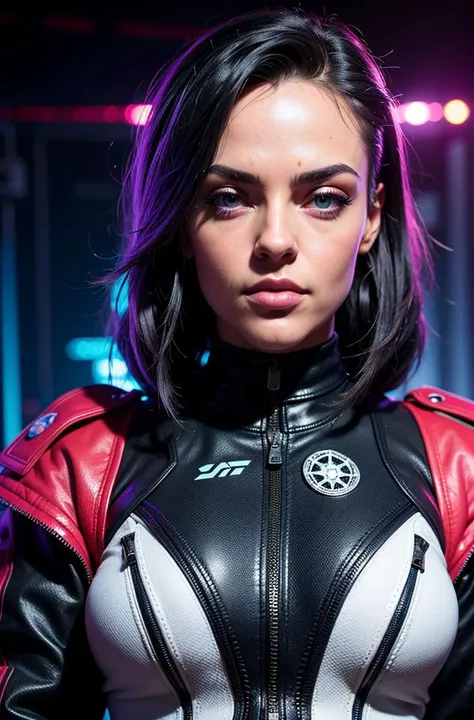 ((sfw)), photograph of litsinora, ((face and [bust] portrait)) of a naturally beautiful and stunning cyberpunk hacker babe, wearing a (detailed) and [colorful] jacket, (natural skin texture, highly detailed face and eyes), cyberpunk aesthetic, best quality, masterpiece, 4k, absurdres, by arny freytag,