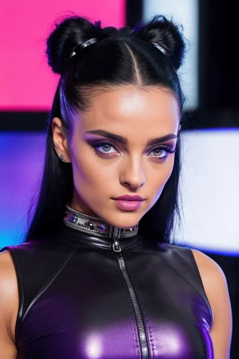 best quality (raw:1.1), photo of (litsinora:0.99),black lipstick, (silver jewels on her forehead:1.2), blue cat's eye makeup, ((television makeup:1.2)), (high neck tight leather purple dress with collar:1.2), ((at a tv game show:1.2)), (closeup:1.2:1.2), RAW candid cinema, 16mm, color graded portra 400 film, remarkable color, ultra realistic, textured skin, remarkable detailed pupils, realistic dull skin noise, visible skin detail, skin fuzz, dry skin, shot with cinematic camera, detailed skin texture, (blush:0.2), (goosebumps:0.3), subsurface scattering littoral, ((facing the camera)),