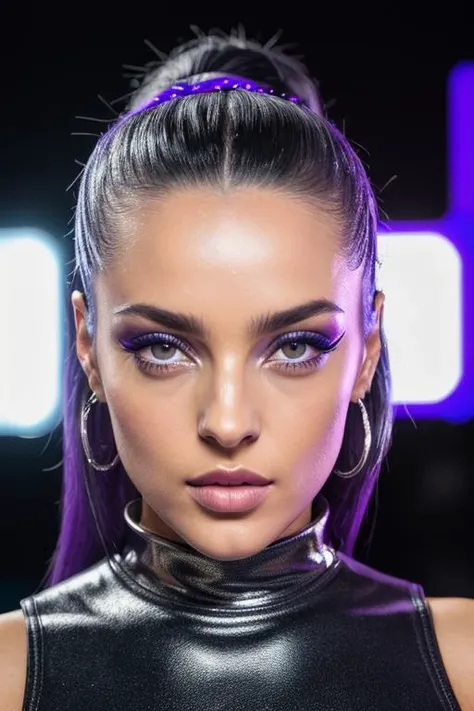 best quality (raw:1.1), photo of (litsinora:0.99),black lipstick, (silver jewels on her forehead:1.2), blue cat's eye makeup, ((television makeup:1.2)), (high neck tight leather purple dress with collar:1.2), ((at a tv game show:1.2)), (closeup:1.2:1.2), RAW candid cinema, 16mm, color graded portra 400 film, remarkable color, ultra realistic, textured skin, remarkable detailed pupils, realistic dull skin noise, visible skin detail, skin fuzz, dry skin, shot with cinematic camera, detailed skin texture, (blush:0.2), (goosebumps:0.3), subsurface scattering littoral, ((facing the camera)),