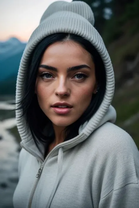 best quality (raw:1.1), photo of (litsinora:0.99), sticking out her tongue, photorealistic, best quality, hyper detailed, beautiful woman, selfie photo, upper body, solo, wearing pullover, outdoors, (night), mountains, real life nature, stars, moon, (cheerful, happy), sleeping bag, gloves, sweater, beanie, flashlight, forest, rocks, river, wood, smoke, fog, clear sky, analog style, looking at viewer, skin texture, film grain, close up, ultra high res, best shadow, RAW, instagram LUT, RAW candid cinema, 16mm, color graded portra 400 film, remarkable color, ultra realistic, textured skin, remarkable detailed pupils, realistic dull skin noise, visible skin detail, skin fuzz, dry skin, shot with cinematic camera, detailed skin texture, (blush:0.2), (goosebumps:0.3), subsurface scattering