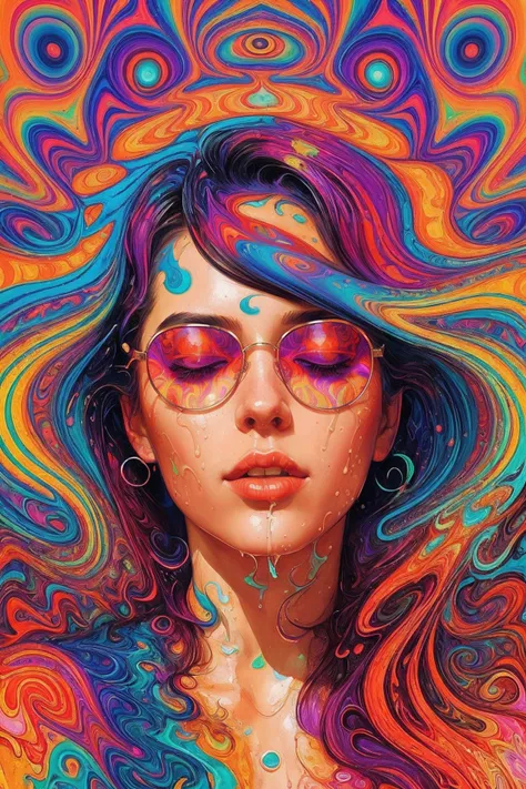 psychedelic style nsfw, expressionist art by Alena Aenami,
a beautiful woman, amazing tits, eyes closed, wild hair, sunglasses,
((waves:1.15)), splash, liquid, 
raw, emotional, dynamic, distortion for emotional effect, use of unusual colors, detailed, (swirling patterns:1.2), abstract forms, (surreal:1.2), trippy iconic, detailed, detailed illustration, big and cute eyes, digital art, (psychedelic:1.5), artgerm, loish, norman rockwell, james jean, vivid colors, artstation