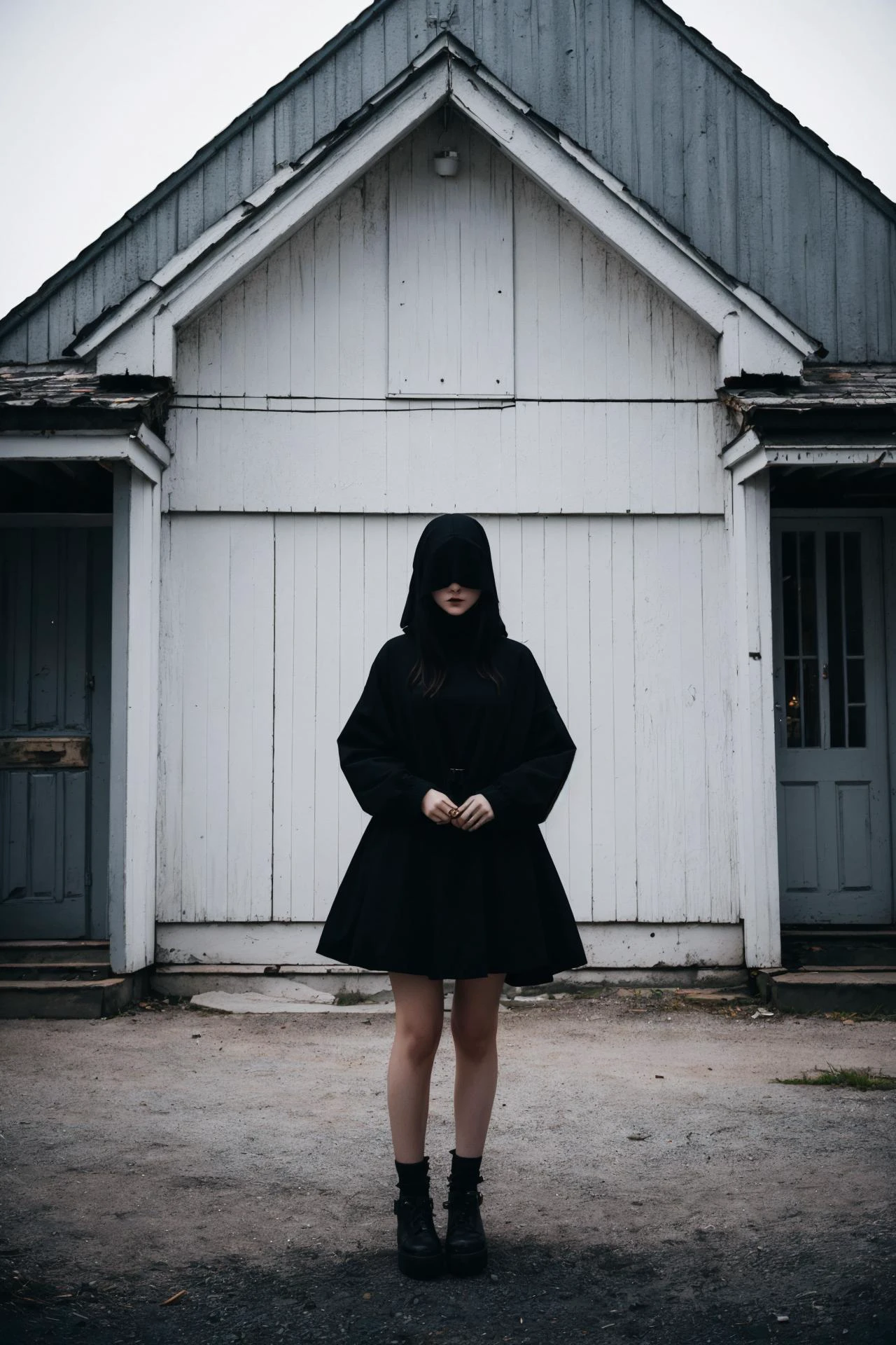 a cute topless petite goth woman,pale white skin,
Brightly Lit,Highly Visible,realistic dark colors,
Analog Style,Kodak Max 400 Film,
20mm f/1.8 lens,Wide Angle Shot.,
Symmetrical Composition,
Whimsical yet Numb.,
Quirky Character Designs,
<lora:spotlight:0.1>,silhouette, product photo(5), unusual grid structure found in irregular polygons in partially covering buildings and partly obscuring roof, award winning crop photography 4K