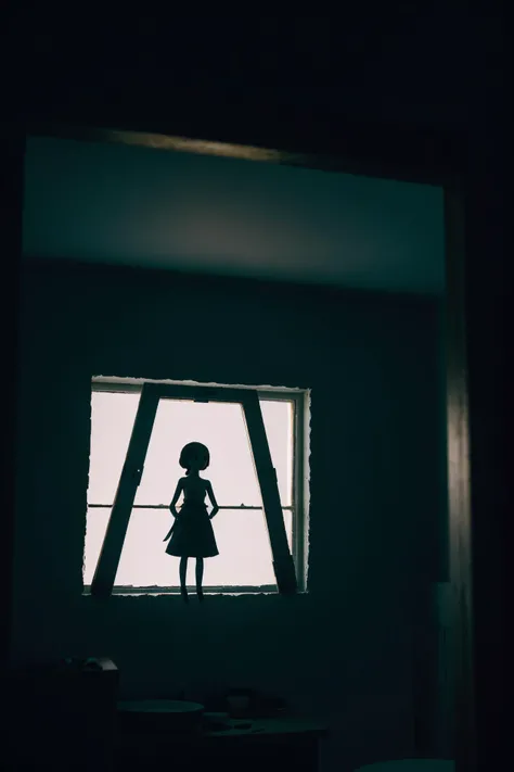 a cute topless petite goth woman,pale white skin,
Brightly Lit,Highly Visible,realistic dark colors,
Analog Style,Kodak Max 400 Film,
20mm f/1.8 lens,Wide Angle Shot.,
Symmetrical Composition,
Whimsical yet Numb.,
Quirky Character Designs,
Dollhouse Aesthetics,dark background,window behind her,<lora:spotlight:0.1>,silhouette,spotlight,dark theme,