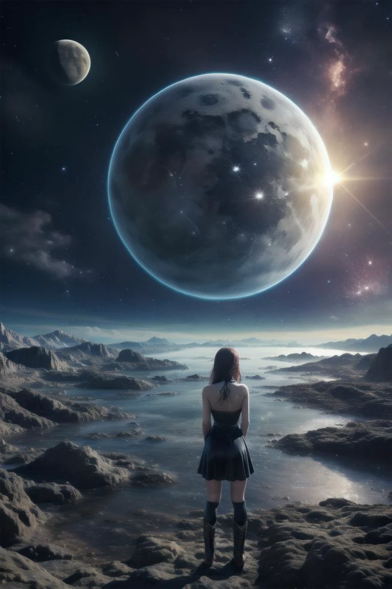 1girl, holding a star i her hands, <lora:coldUniverse:0.65> moon, universe, earth_\(planet\) <lora:Latex_Gothic_Short_Dress_By_Stable_Yogi:0.8> latex pattern, gothic short black dress, bare shoulders, choker, fishnets, platform boots, bag
