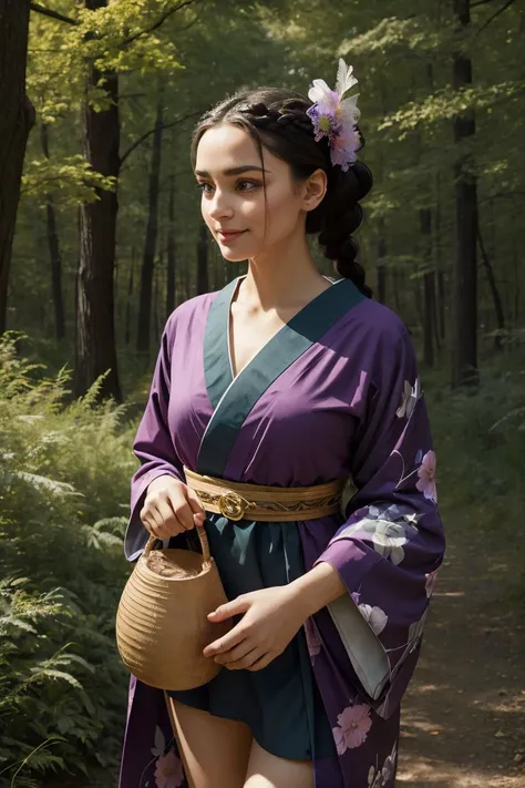 (masterpiece, best quality), female hundred years old, stacked, gypsies, black eyes, unlobed ears, unique nose, pointed jaw, hollow cheeks, broad forehead, round face shape, , purple french braid hair, laugh wearing kimono dress, camisole, high-top sneakers, fascinator,, holding a prop, holding a prop with a seductive gaze, adding an element of intrigue and sensuality, enchanting forest lighting, a combination of moonlight and dappled light, adding a fairy-tale-like charm, a picturesque countryside, with rolling hills, green meadows, and grazing animals