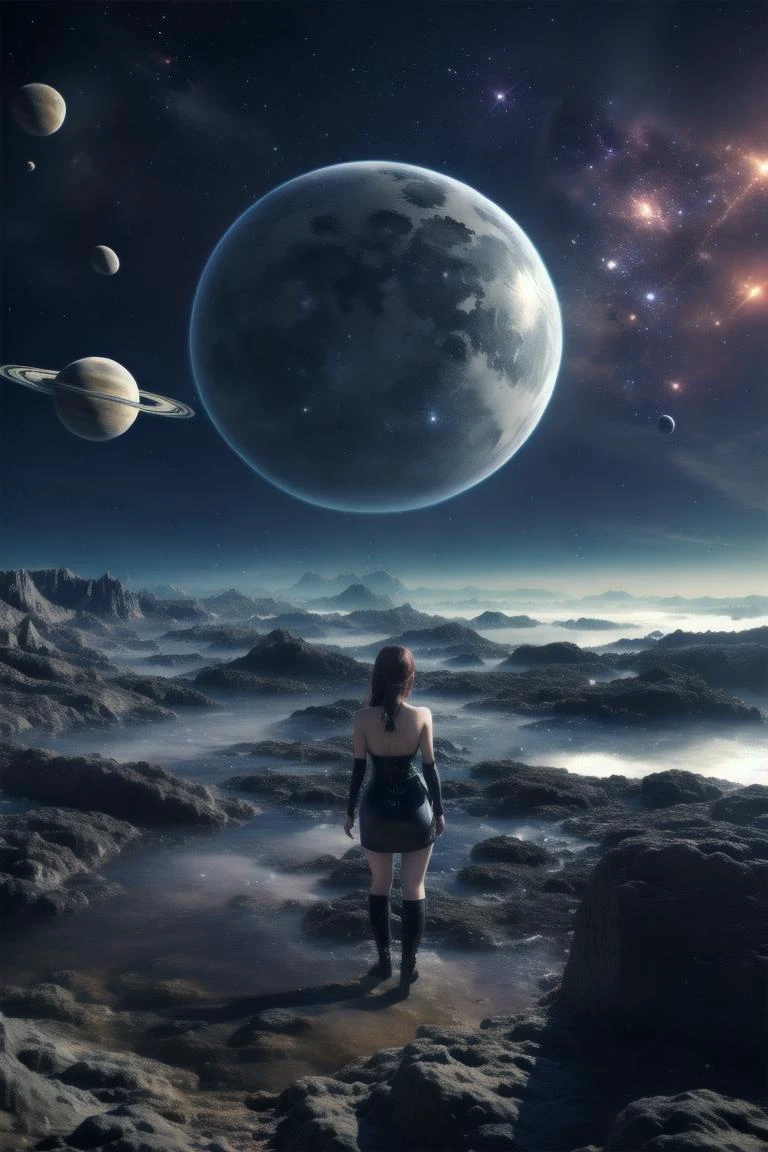 1girl, <lora:coldUniverse:0.7> moon, universe, earth_\(planet\) <lora:Latex_Gothic_Short_Dress_By_Stable_Yogi:0.8> latex pattern, gothic short black dress, bare shoulders, choker, fishnets, platform boots, bag