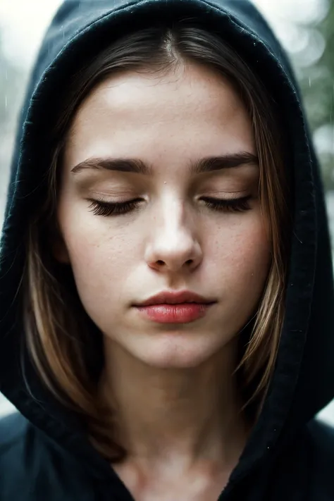 analog photo,silhouette,spotlight,close up portrait,
a beautiful cute petite young european woman,pale skin,highly detailed face,eyes closed,sad facial expression,looking down,
seducing facial expression,wearing a black mantle and a black hood,
RAW candid cinema,16mm,color graded portra 400 film,remarkable color,ultra realistic,
sad admosphere,dark lighting,oppressive atmosphere,depressive colors,
heavy rain,raining,