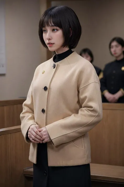 <lora:ExAttnWoo_V1a_LoCon-000018:0.85>, medium shot, front view, realistic photo of ExAttnWoo, a woman, 30 years old, short, wearing a tan jacket with black buttons, standing in court, looking down, simple background, (masterpiece:1.0), (best quality:1.0), beautiful, (intricate details), unity 8k wallpaper, ultra detailed, perfect lighting