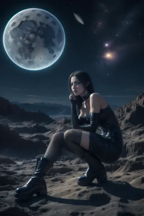 1girl, <lora:coldUniverse:0.6> moon, universe,  earth_\(planet\)  <lora:Latex_Gothic_Short_Dress_By_Stable_Yogi:0.8>  latex pattern, gothic short black dress, bare shoulders, choker, fishnets, platform boots, bag