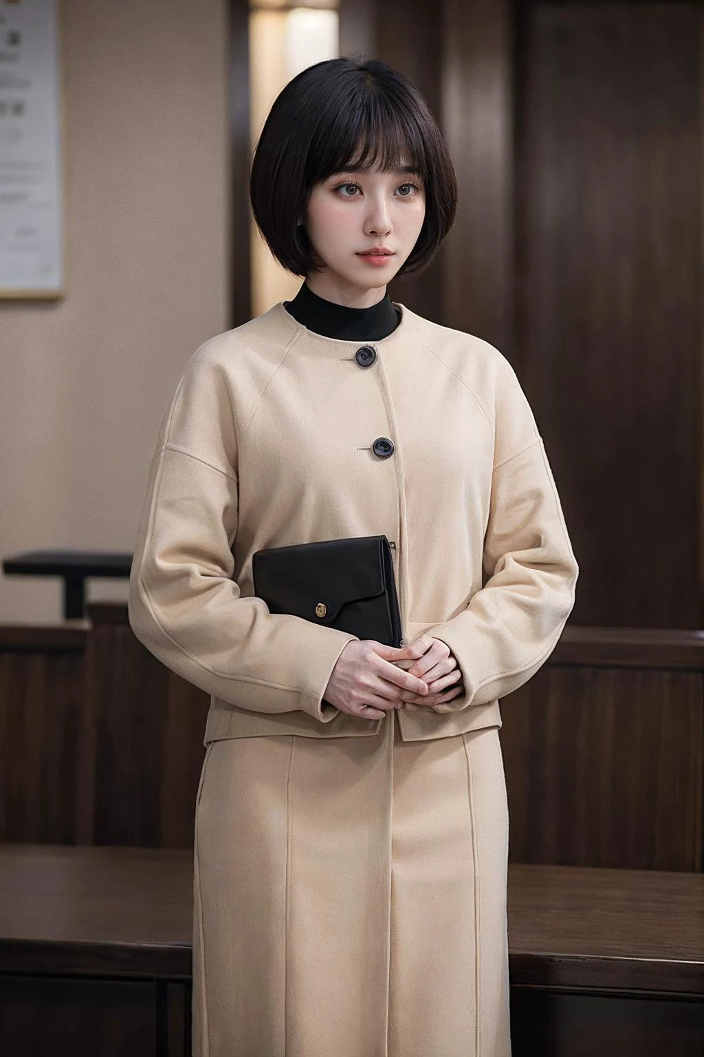 <lora:ExAttnWoo_V1a_LoCon-000018:0.85>, medium shot, front view, realistic photo of ExAttnWoo, a woman, 30 years old, short, wearing a tan jacket with black buttons, standing in court, looking down, simple background, (masterpiece:1.0), (best quality:1.0), beautiful, (intricate details), unity 8k wallpaper, ultra detailed, perfect lighting