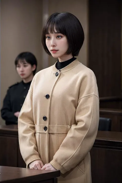 <lora:ExAttnWoo_V1a_LoCon-000018:0.85>, medium shot, front view, realistic photo of ExAttnWoo, a woman, 30 years old, short, wearing a tan jacket with black buttons, standing in court, looking at the camera, simple background, (masterpiece:1.0), (best quality:1.0), beautiful, (intricate details), unity 8k wallpaper, ultra detailed, perfect lighting