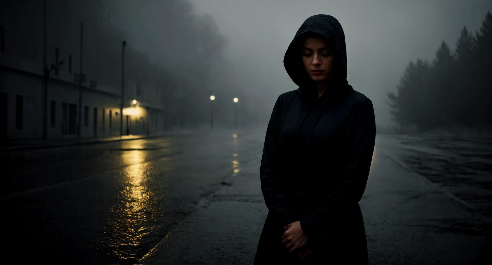 analog movie still, silhouette,
a beautiful  intelligent looking european woman in heavy rain,
raining,  eyes closed, sad facial expression, looking down, nude,
seducing facial expression, wearing a black mantle and a black hood
pale skin, highly detailed face,
RAW candid cinema,color graded portra 100 film,remarkable color,ultra realistic,
sad admosphere,dark lighting,oppressive atmosphere,depressive colors,