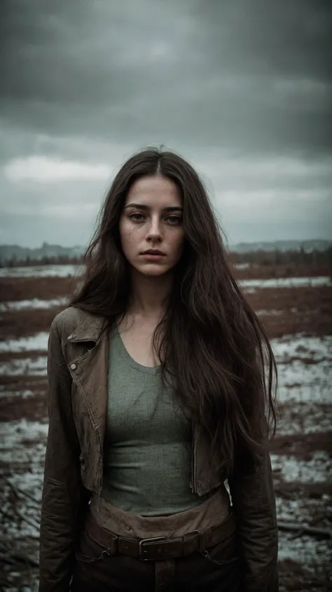 dystopian style analog film photo,
a beautiful woman, long hair,
faded film, desaturated, 35mm photo, grainy, vignette, vintage, Kodachrome, Lomography, stained, highly detailed, found footage, bleak, post-apocalyptic, somber, dramatic, highly detailed