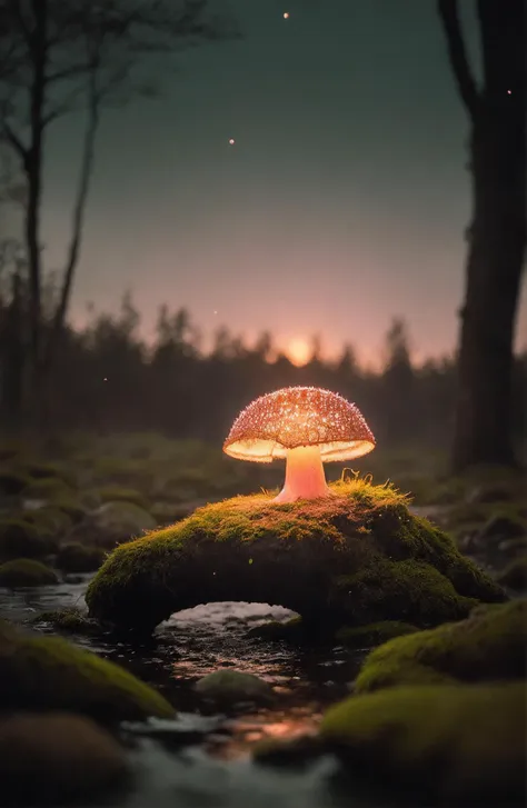 (art by Alessio Albi:1.5),
extreme close up of a small faintly glowing skull shaped fly agaric growing on a mossy dead tree in a dark forest surrounded by large trees, fireflies, glowing particles, hidden from plain sight,
film grain, highly detailed photography, (muted colors, cinematic, dim colors, soothing tones:1.2), vibrant, insanely detailed, hyperdetailed, (dark shot:1.5) + Houdini VFXanny" textured with water droplets!! trending artstation 8k render high contrast between the image and picture!!, pastel pink sci-fi concept artist style pencil drawing!!! intricate detail digital matte painting Nausicaa ink airbrush illustration sharp focus realistic volumetric lighting macro photograph beautiful scenery unreal engine realistic 3D realism28x rendered 4K depth shading hd extremely ominous quality super resolution photo taken at golden hour