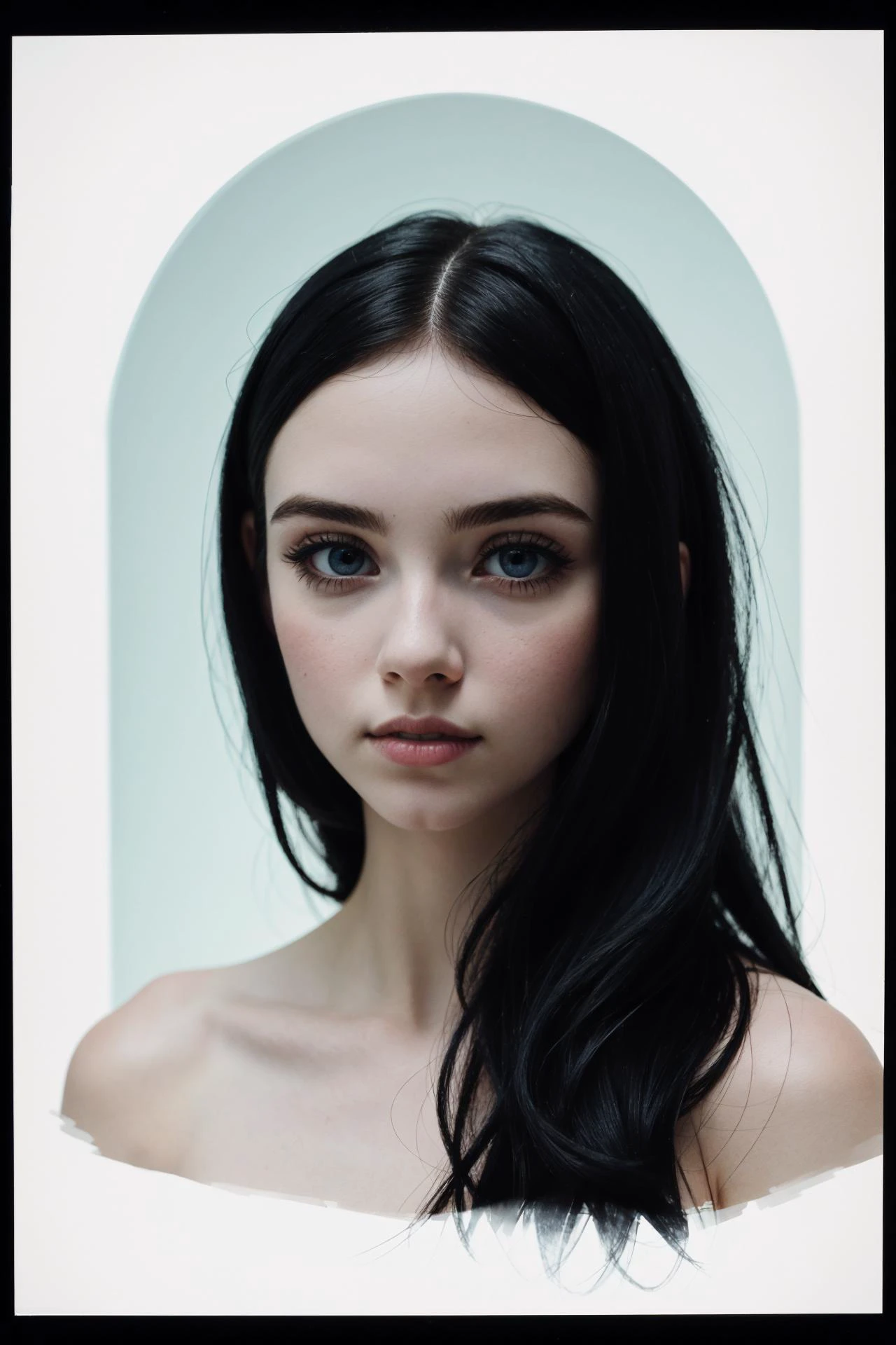 a cute topless petite goth woman,pale white skin,
Brightly Lit,Highly Visible,realistic dark colors,
Analog Style,Kodak Max 400 Film,
20mm f/1.8 lens,Wide Angle Shot.,
Symmetrical Composition,
Whimsical yet Numb.,
Quirky Character Designs,
Dollhouse Aesthetics,dark background,<lora:spotlight:0.1>,silhouette,spotlight,dark theme, upcoming art,5x50px(renaissance portrait),7fqrx, high detail, enhanced midi 500videoG, interaction lens, feature photography, professional photography