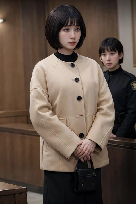 <lora:ExAttnWoo_V1a_LoCon-000018:0.85>, medium shot, front view, realistic photo of ExAttnWoo, a woman, 30 years old, short, wearing a tan jacket with black buttons, standing in court, looking down, simple background, (masterpiece:1.0), (best quality:1.0), beautiful, (intricate details), unity 8k wallpaper, ultra detailed, perfect lighting