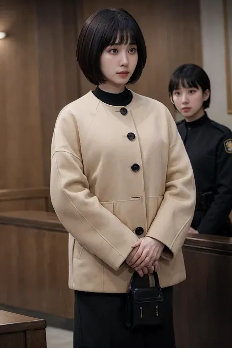 <lora:ExAttnWoo_V1a_LoCon-000018:0.85>, medium shot, front view, realistic photo of ExAttnWoo, a woman, 30 years old, short, wearing a tan jacket with black buttons, standing in court, looking down, simple background, (masterpiece:1.0), (best quality:1.0), beautiful, (intricate details), unity 8k wallpaper, ultra detailed, perfect lighting