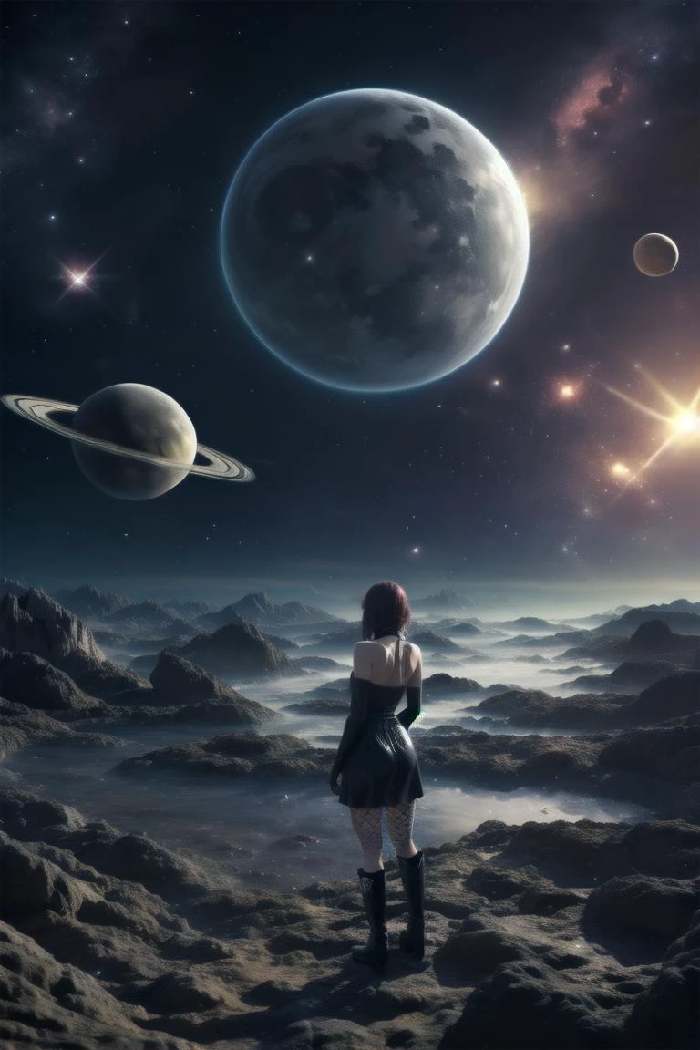 1girl, holding a star i her hands, <lora:coldUniverse:0.65> moon, universe,  earth_\(planet\)  <lora:Latex_Gothic_Short_Dress_By_Stable_Yogi:0.8>  latex pattern, gothic short black dress, bare shoulders, choker, fishnets, platform boots, bag