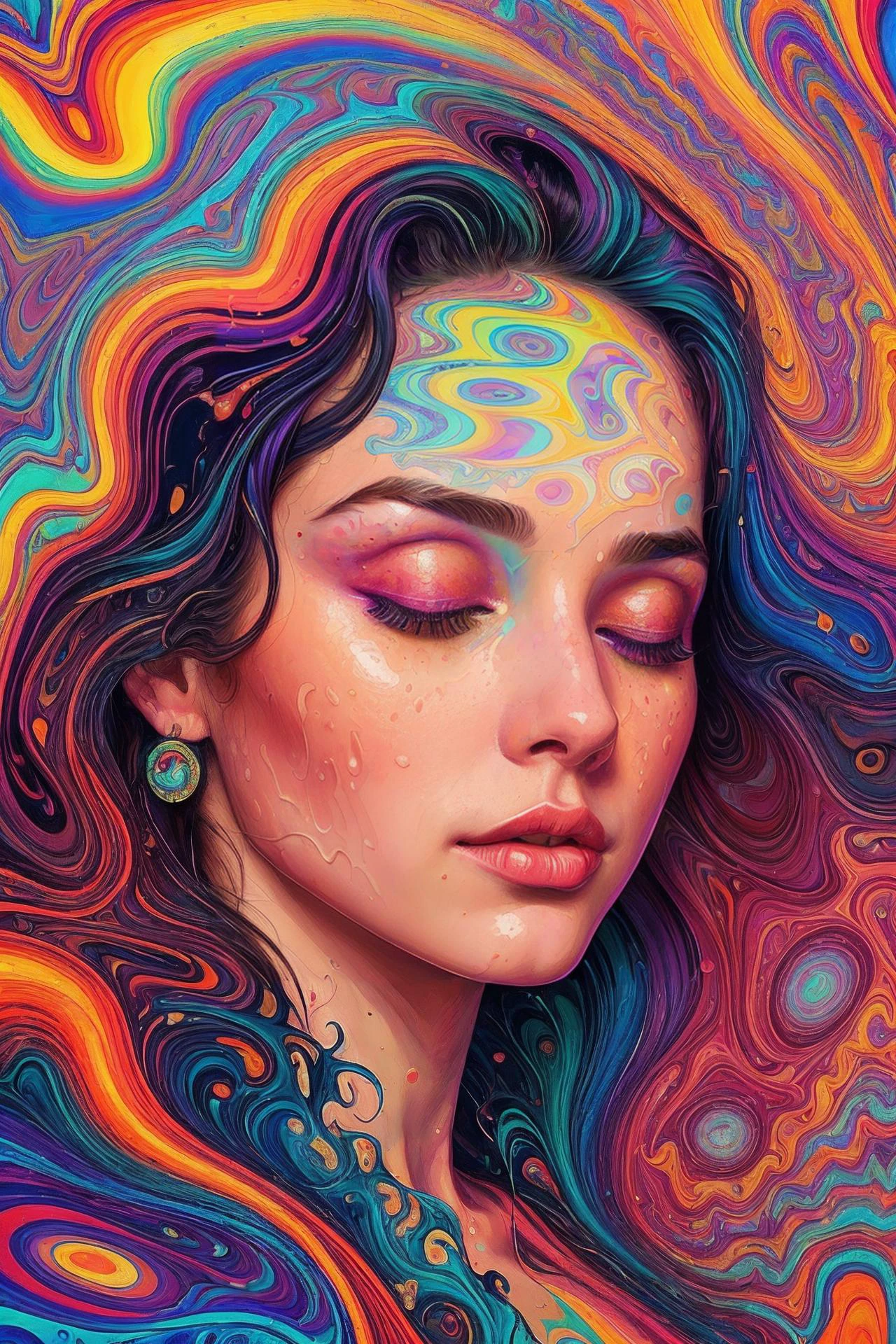 psychedelic style nsfw, expressionist art by Alena Aenami,
a beautiful woman, amazing tits, eyes closed, wild hair, sunglasses,
((waves:1.15)), splash, liquid, 
raw, emotional, dynamic, distortion for emotional effect, use of unusual colors, detailed, (swirling patterns:1.2), abstract forms, (surreal:1.2), trippy iconic, detailed, detailed illustration, big and cute eyes, digital art, (psychedelic:1.5), artgerm, loish, norman rockwell, james jean, vivid colors, artstation