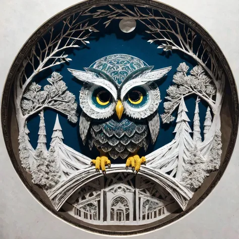RAW photo, 8k uhd, Analog style, (Masterpiece, Best Quality, Highres:1.3), dramatic, cinematic, (paper-cut craft:1.3), BREAK,
intricate (paper-cut craft:1.4) of mysterious intricate ornamented (owl:1.4), (beige square photo-frame:0.7), circle mask, (forest, mountain:1.3), (winter, moon:0.5), (green, blue, brown, white:1.1), (black, gold:0.8), (paper-cut craft, colorful, layers, flat, fabulous, children's book:1.2), (hyperdetailed, absurdres:1.1), BREAK,
<lora:more_details:0.1>