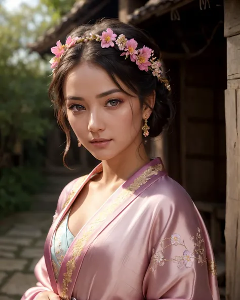 Upper Body Photo. Cute beautiful female. Standing in an old traditional village. Wearing pink flowery silk robe. Teasing. Wispy Two-Tier Straight Hairstyle. Hair ornament. Light makeup. (detailed face, perfect face, perfect eyes, realistic eyes, expressive eyes). Looking at viewer. Outdoors. Perfect eyes, highly detailed beautiful expressive eyes, detailed eyes. Bright sunny day. (8k, RAW photo, best quality, depth of field, ultra high res:1.2), (intricate, photorealistic, masterpiece, ultra-detailed), dynamic lighting.